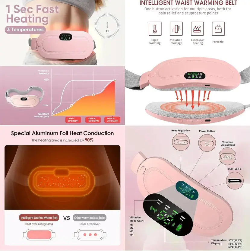 🌸 Instant Period Cramps Relief Pad – Wearable Heat & Massage Therapy Belt